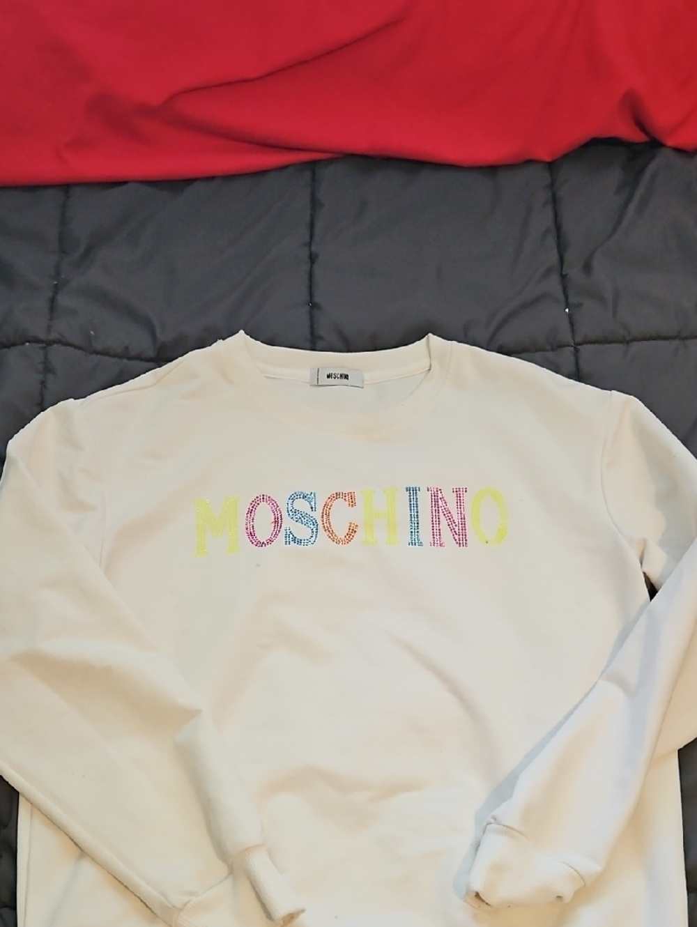 Moschino Designer Cream Sweatshirt with Multicolor Sparkly Logo